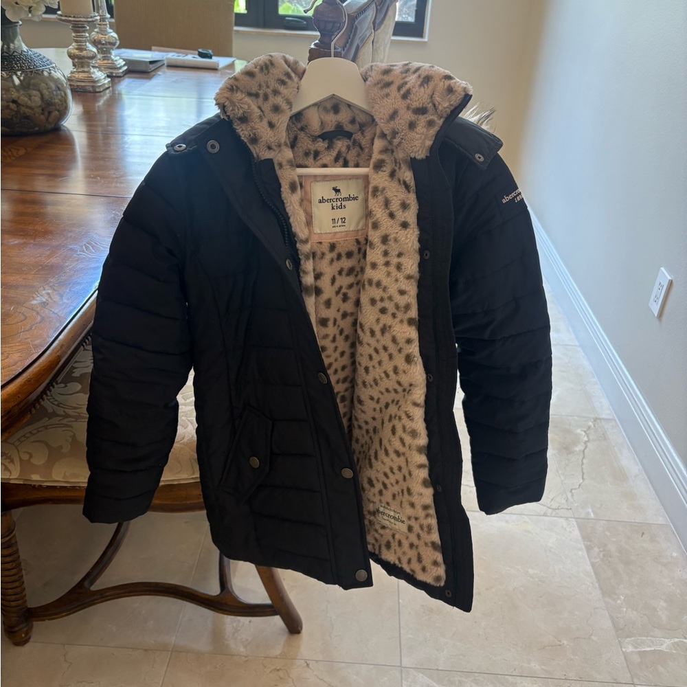 Abercrombie Kids Black Puffer Jacket with Animal Print Lining
